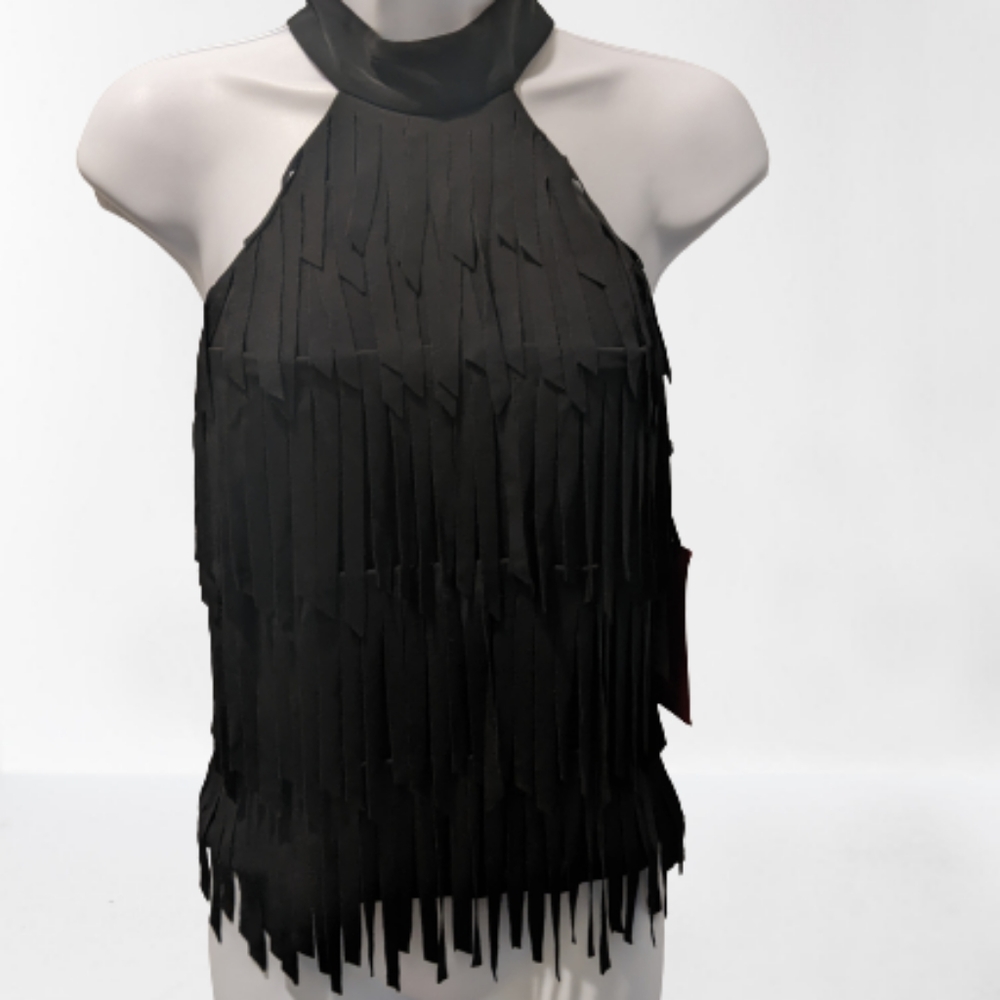 Vintage NWT Sexy NYE Fringe Halter Evening Top Black by JS Collection sz 8